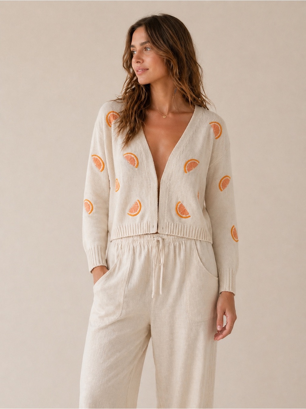 Moon & Madison Cream Knit Cardigan with Orange Slice Embroidery